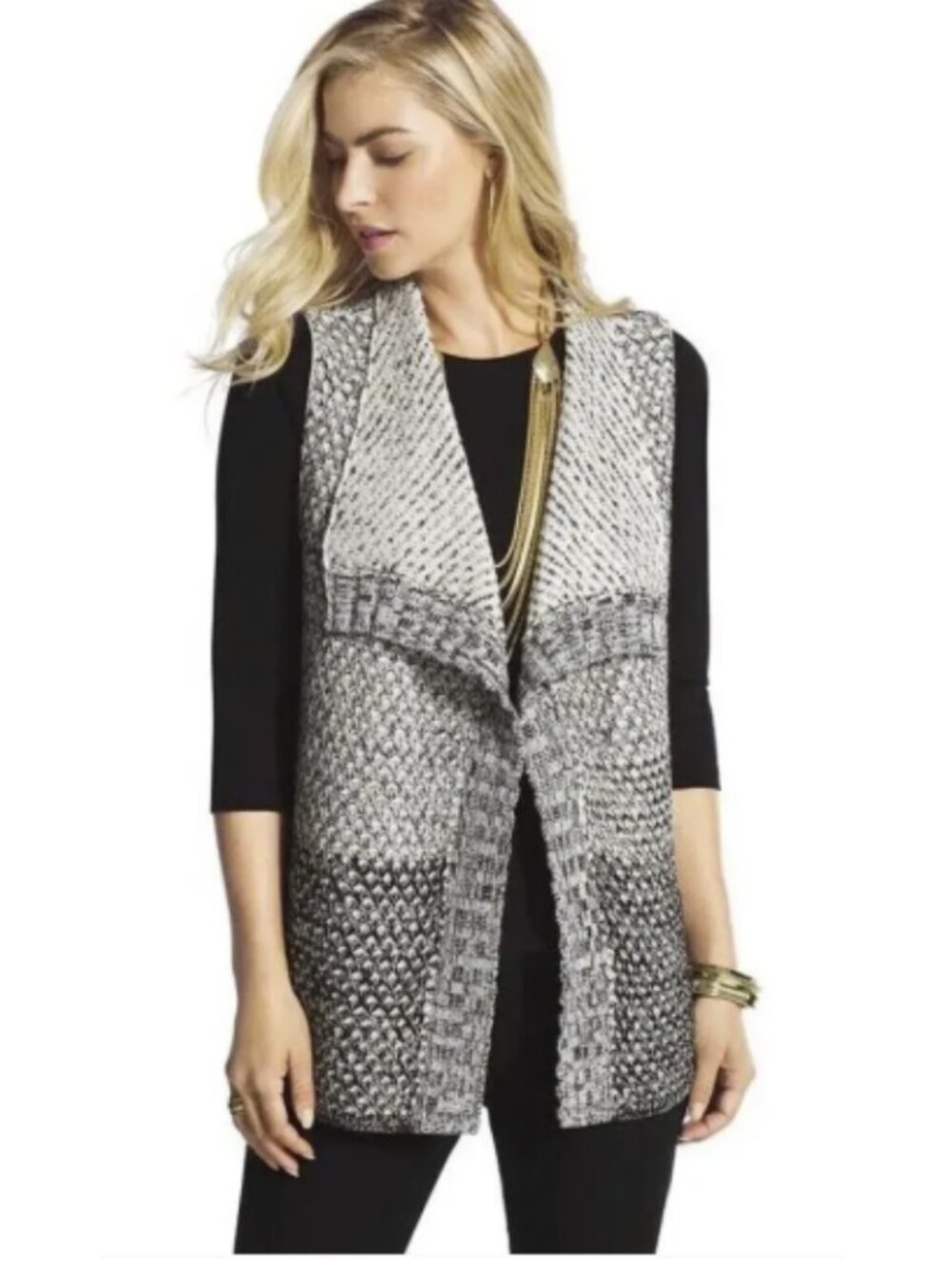 Chicos Textured Knit Rae Sweater Vest Size 2/LG Black & Antique White NWT